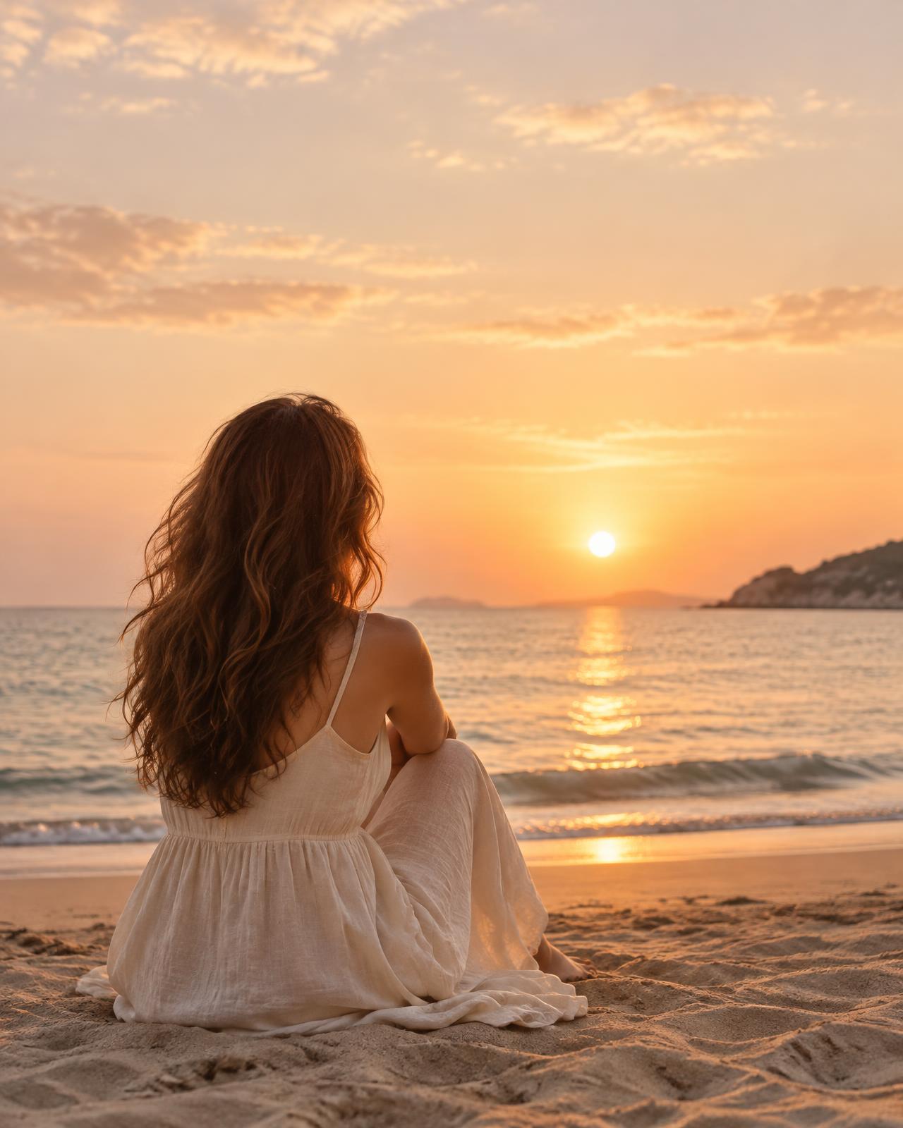 Mujer de espaldas mirando el mar al atardecer